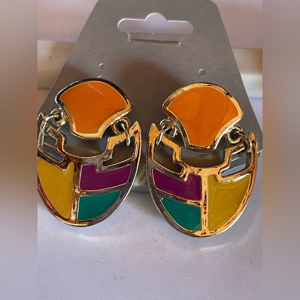 Multicolor Enamel Drop Earrings - Gold Tone